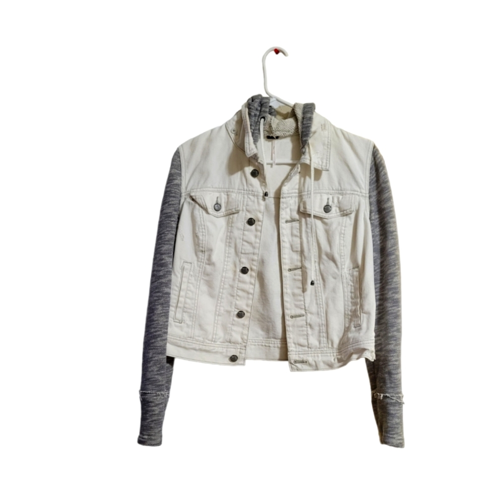 Free People Luxury Designer Destressed Denim Jacket with Gray Hoodie Size M